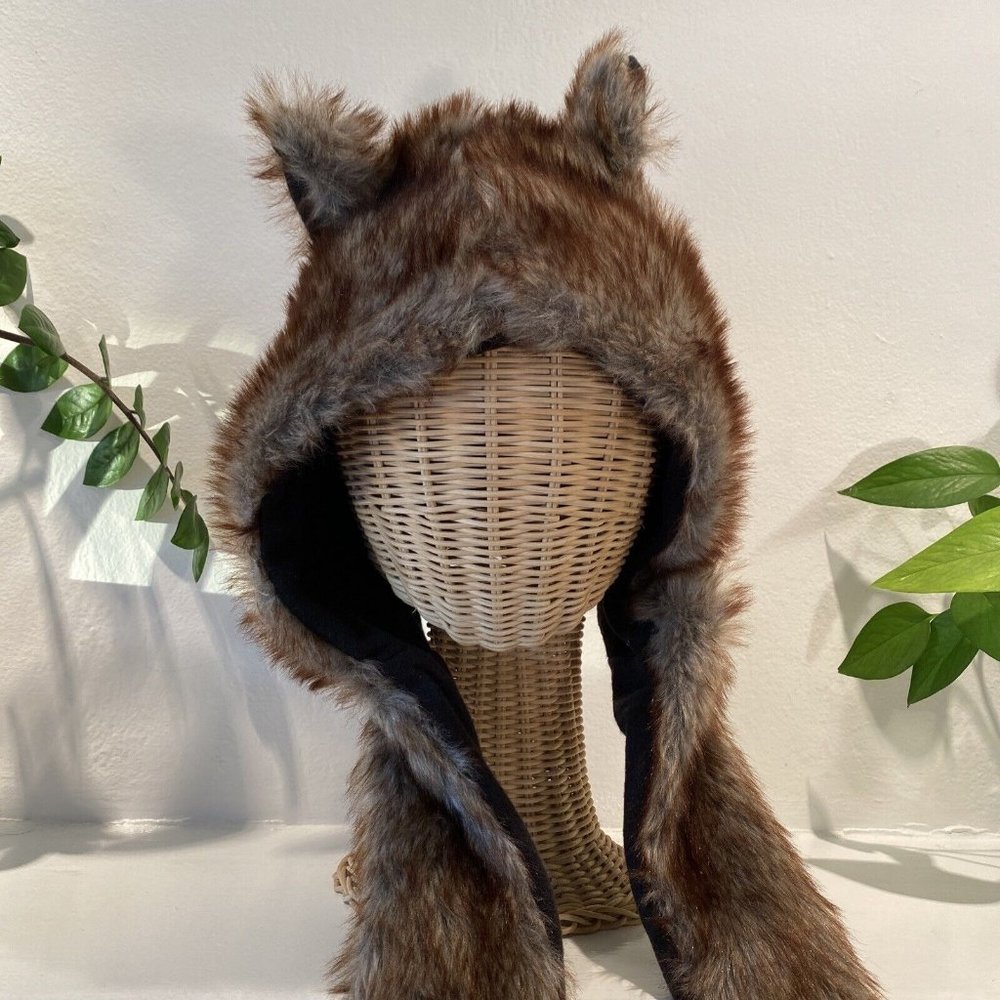 Hood Hat Ear Flaps Gloves 3in1 Animal Hat Wolf Plush Warm Adult Hat Scarf Gloves